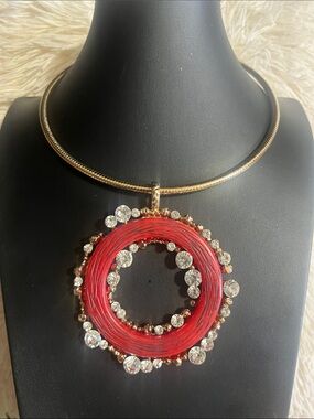 Nique Gold Choker with Red Circular Pendant and Clear Crystals